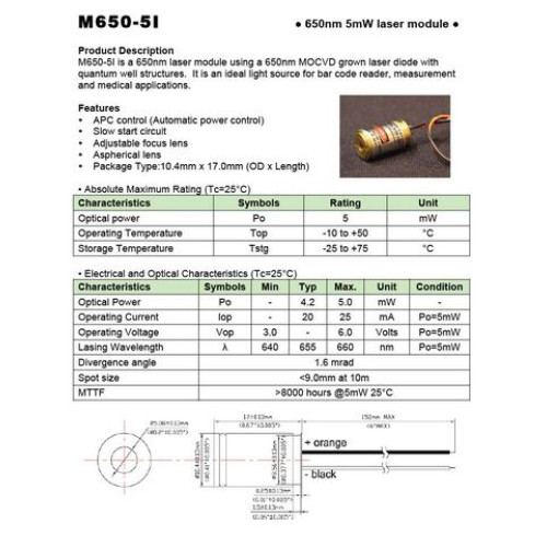 M650-5I US Lasers module Inc 650nm 5mW 10.4mm new original M650-5I US Lasers module Inc 650nm 5mW 10.4mm new original